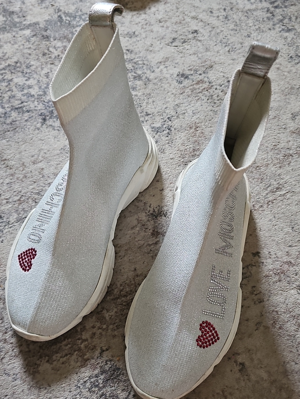 Love Moschino Silver Knit Sock Sneakers with Red Heart Detail
